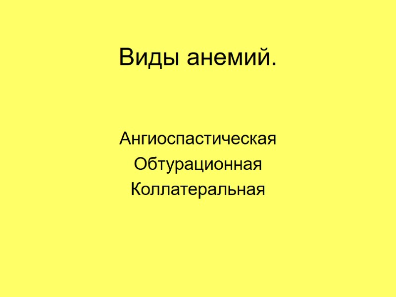 Виды анемий. Ангиоспастическая Обтурационная  Коллатеральная